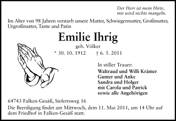 Traueranzeige von Emilie Ihrig von Odenwälder Echo