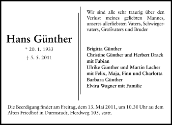 Traueranzeige von Hans Günther von Darmstädter Echo, Odenwälder Echo, Rüsselsheimer Echo, Groß-Gerauer-Echo, Ried Echo