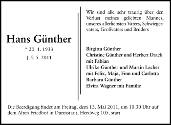Traueranzeige von Hans Günther von Darmstädter Echo, Odenwälder Echo, Rüsselsheimer Echo, Groß-Gerauer-Echo, Ried Echo
