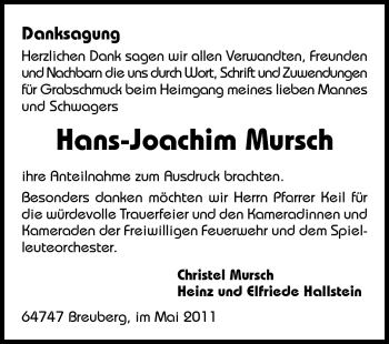 Traueranzeige von Hans-Joachim Mursch von Echo-Zeitungen (Gesamtausgabe)