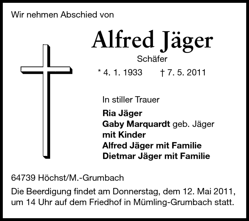  Traueranzeige für Alfred Jäger vom 10.05.2011 aus Odenwälder Echo