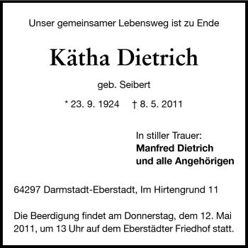 Traueranzeige von Käthe Dietrich von Echo-Zeitungen (Gesamtausgabe)