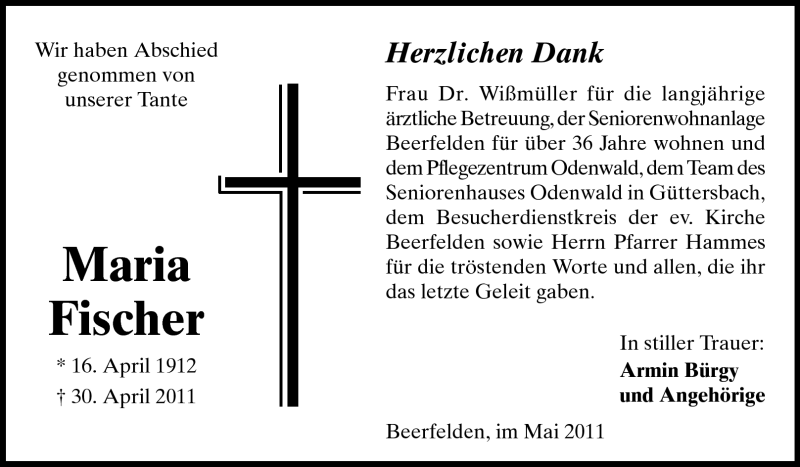  Traueranzeige für Maria Fischer vom 13.05.2011 aus Odenwälder Echo