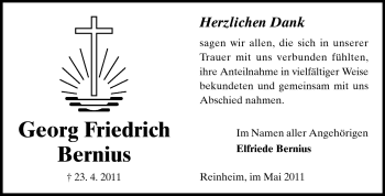 Traueranzeige von Georg Friedrich Bernius von Darmstädter Echo, Odenwälder Echo, Rüsselsheimer Echo, Groß-Gerauer-Echo, Ried Echo