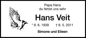 Traueranzeige von Hans Veit von Rüsselsheimer Echo, Groß-Gerauer-Echo, Ried Echo