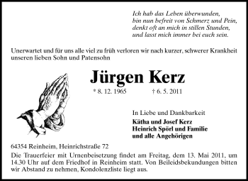 Traueranzeige von Jürgen Kerz von Darmstädter Echo, Odenwälder Echo, Rüsselsheimer Echo, Groß-Gerauer-Echo, Ried Echo