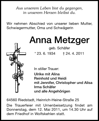 Traueranzeige von Anna Metzger von Rüsselsheimer Echo, Groß-Gerauer-Echo, Ried Echo