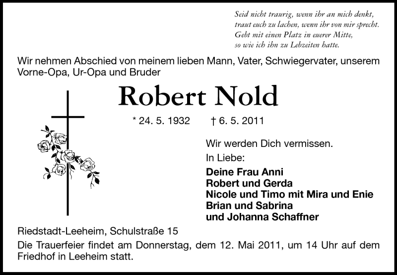  Traueranzeige für Robert Nold vom 11.05.2011 aus Rüsselsheimer Echo, Groß-Gerauer-Echo, Ried Echo