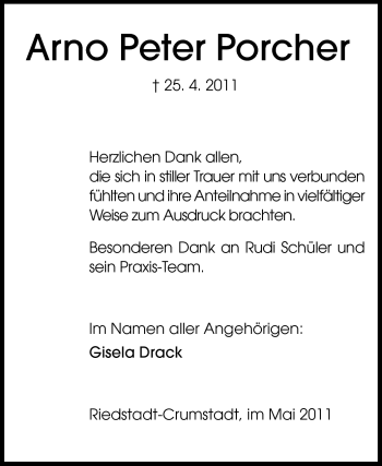 Traueranzeige von Arno Peter Porcher von Rüsselsheimer Echo, Groß-Gerauer-Echo, Ried Echo