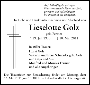 Traueranzeige von Lieselotte Golz von Echo-Zeitungen (Gesamtausgabe)