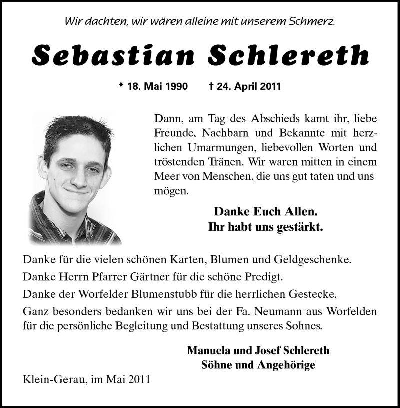  Traueranzeige für Sebastian Schlereth vom 21.05.2011 aus Darmstädter Echo, Odenwälder Echo, Rüsselsheimer Echo, Groß-Gerauer-Echo, Ried Echo