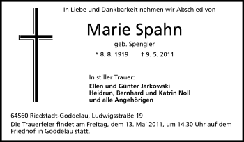 Traueranzeige von Marie Spahn von Darmstädter Echo, Odenwälder Echo, Rüsselsheimer Echo, Groß-Gerauer-Echo, Ried Echo