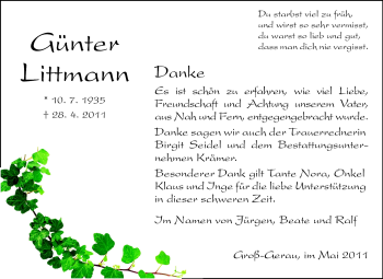 Traueranzeige von Günter Littmann von Rüsselsheimer Echo, Groß-Gerauer-Echo, Ried Echo