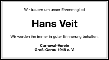 Traueranzeige von Hans Veit von Rüsselsheimer Echo, Groß-Gerauer-Echo, Ried Echo