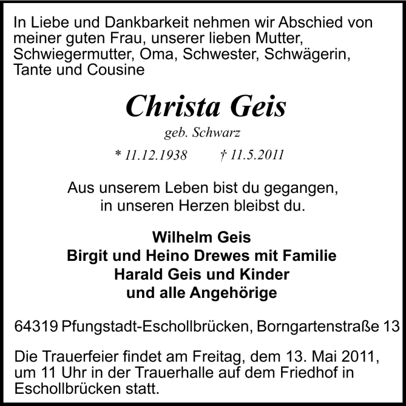  Traueranzeige für Christa Geis vom 12.05.2011 aus Echo-Zeitungen (Gesamtausgabe)