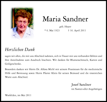 Traueranzeige von Maria Sandner von Rüsselsheimer Echo, Groß-Gerauer-Echo, Ried Echo