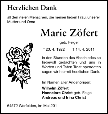 Traueranzeige von Marie Zöfert von Rüsselsheimer Echo, Groß-Gerauer-Echo, Ried Echo