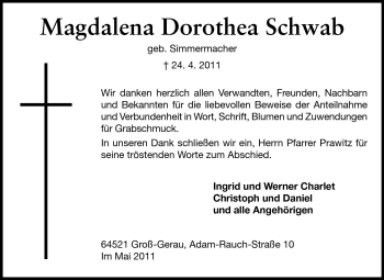 Traueranzeige von Magdalena Dorothea Schwab von Rüsselsheimer Echo, Groß-Gerauer-Echo, Ried Echo