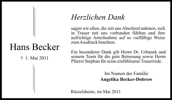 Traueranzeige von Hans Becker von Rüsselsheimer Echo, Groß-Gerauer-Echo, Ried Echo