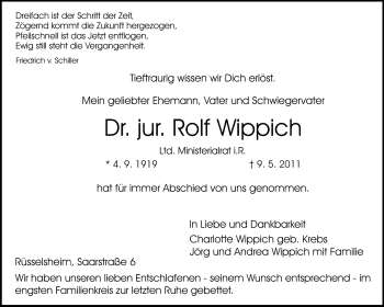 Traueranzeige von Rolf Wippich von Rüsselsheimer Echo, Groß-Gerauer-Echo, Ried Echo