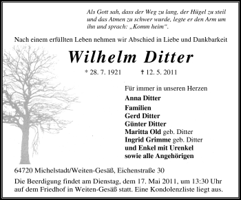 Traueranzeige von Wilhelm Ditter von Odenwälder Echo