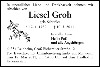 Traueranzeige von Liesel Groh von Darmstädter Echo, Odenwälder Echo, Rüsselsheimer Echo, Groß-Gerauer-Echo, Ried Echo