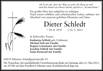 Traueranzeige von Dieter Schledt von Darmstädter Echo, Odenwälder Echo, Rüsselsheimer Echo, Groß-Gerauer-Echo, Ried Echo