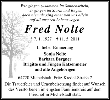 Traueranzeige von Fred Nolte von Odenwälder Echo