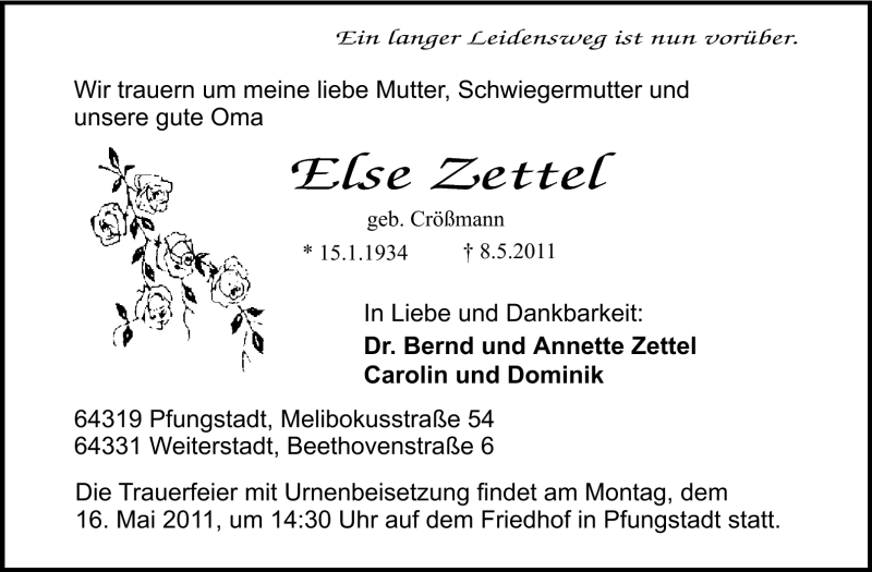  Traueranzeige für Else Zettel vom 14.05.2011 aus Echo-Zeitungen (Gesamtausgabe)