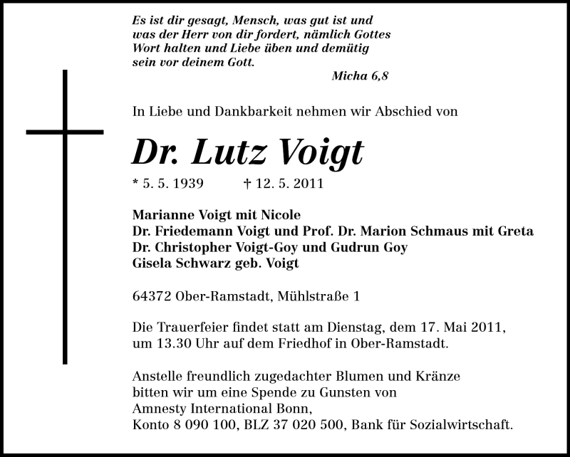  Traueranzeige für Dr. Lutz Voigt vom 14.05.2011 aus Darmstädter Echo, Odenwälder Echo, Rüsselsheimer Echo, Groß-Gerauer-Echo, Ried Echo