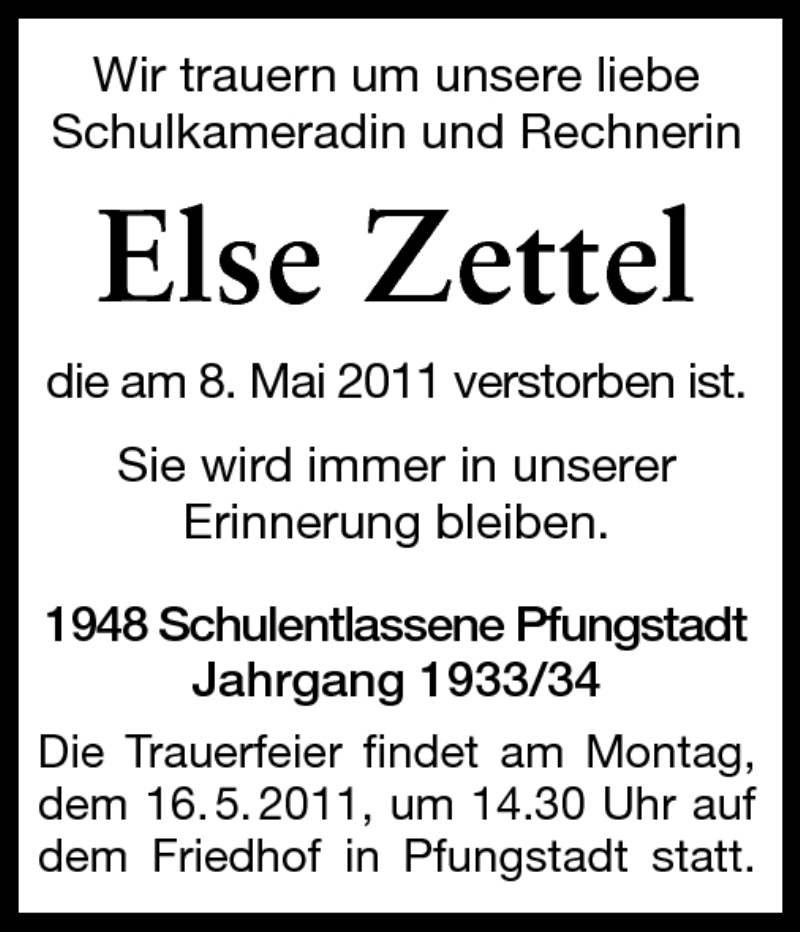  Traueranzeige für Else Zettel vom 14.05.2011 aus Echo-Zeitungen (Gesamtausgabe)