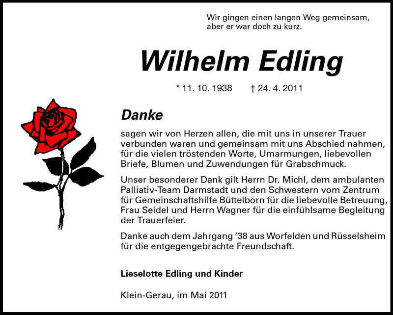 Traueranzeige für Wilhelm Edling vom 14.05.2011 aus Rüsselsheimer Echo, Groß-Gerauer-Echo, Ried Echo
