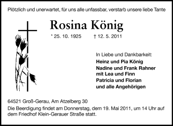 Traueranzeige von Rosina König von Rüsselsheimer Echo, Groß-Gerauer-Echo, Ried Echo