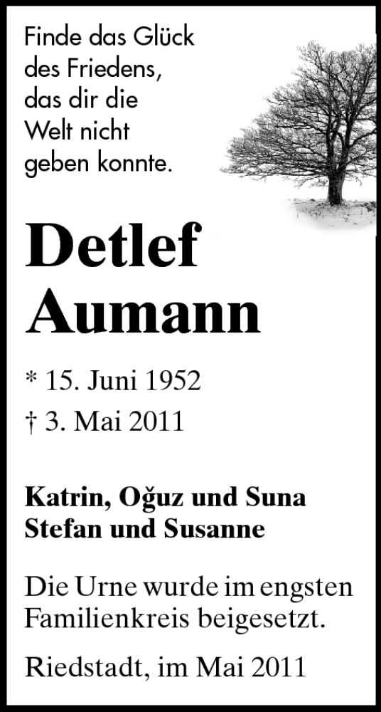  Traueranzeige für Detlef Aumann vom 14.05.2011 aus Echo-Zeitungen (Gesamtausgabe)
