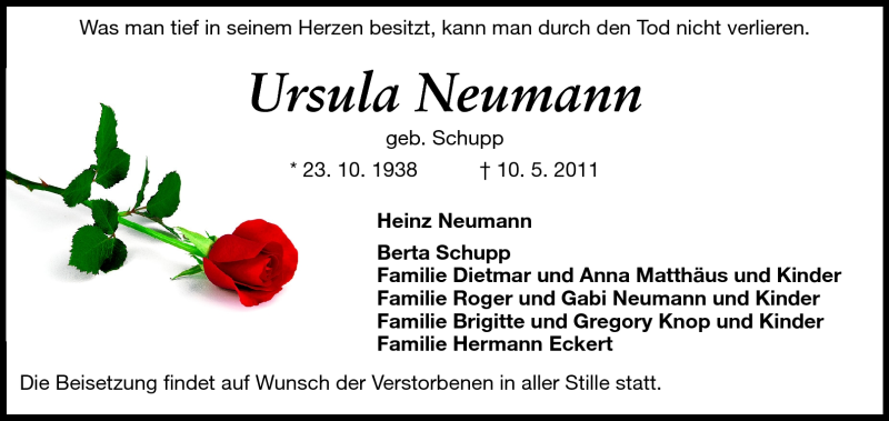  Traueranzeige für Ursula Neumann vom 14.05.2011 aus Darmstädter Echo, Odenwälder Echo, Rüsselsheimer Echo, Groß-Gerauer-Echo, Ried Echo