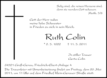 Traueranzeige von Ruth Colin von Rüsselsheimer Echo, Groß-Gerauer-Echo, Ried Echo