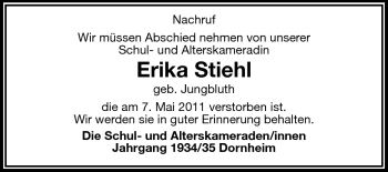 Traueranzeige von Erika Stiehl von Rüsselsheimer Echo, Groß-Gerauer-Echo, Ried Echo
