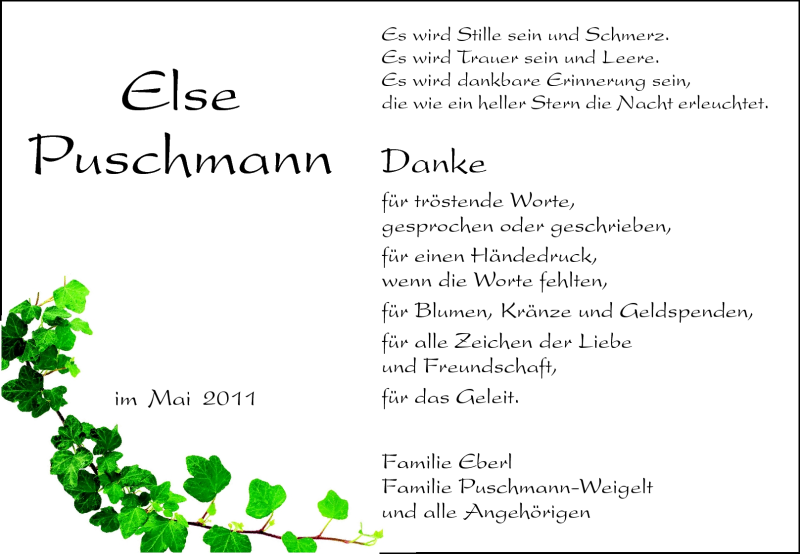  Traueranzeige für Else Puschmann vom 21.05.2011 aus Rüsselsheimer Echo, Groß-Gerauer-Echo, Ried Echo