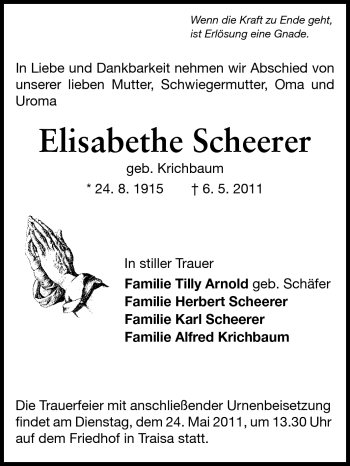 Traueranzeige von Elisabethe Scheerer von Echo-Zeitungen (Gesamtausgabe)