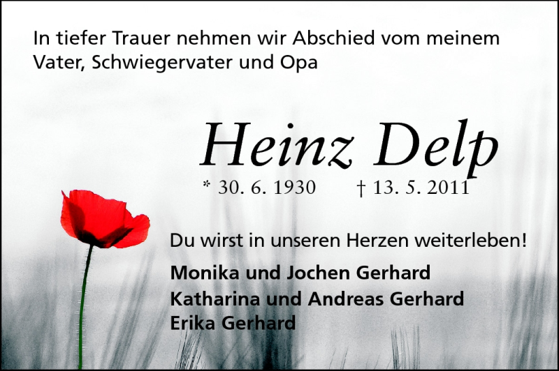  Traueranzeige für Heinz Delp vom 17.05.2011 aus Darmstädter Echo, Odenwälder Echo, Rüsselsheimer Echo, Groß-Gerauer-Echo, Ried Echo