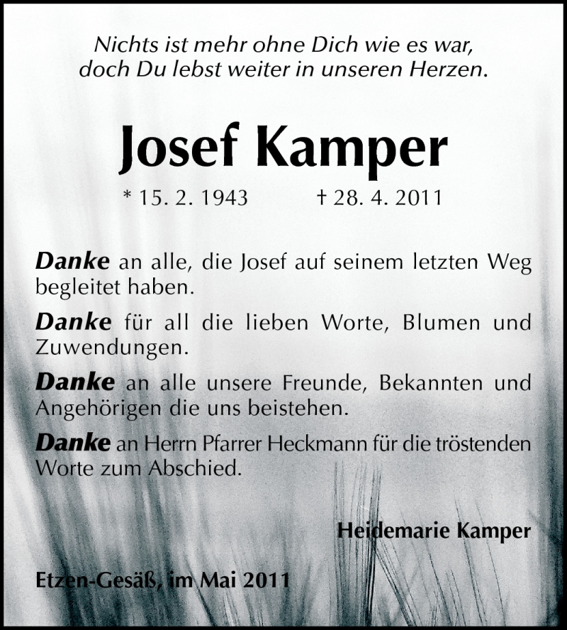  Traueranzeige für Josef Kamper vom 21.05.2011 aus Odenwälder Echo