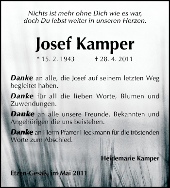 Traueranzeige von Josef Kamper von Odenwälder Echo