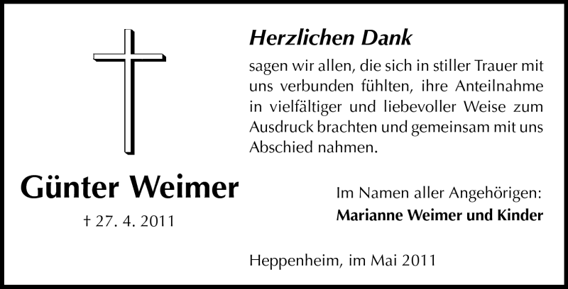  Traueranzeige für Günter Weimer vom 20.05.2011 aus Starkenburger Echo