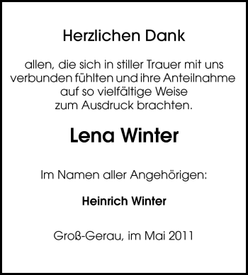 Traueranzeige von Lena Winter von Rüsselsheimer Echo, Groß-Gerauer-Echo, Ried Echo