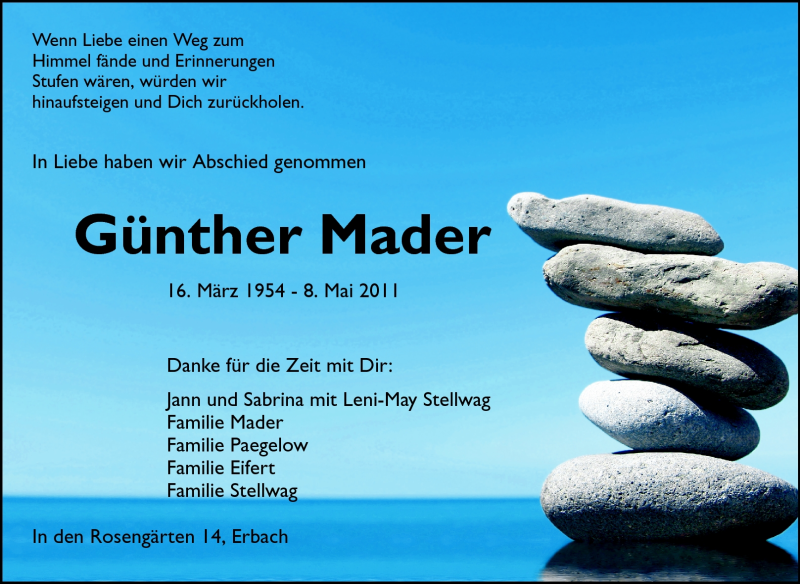  Traueranzeige für Günther Mader vom 21.05.2011 aus Odenwälder Echo