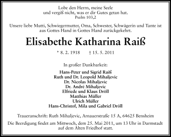 Traueranzeige von Elisabethe Katharina Raiß von Echo-Zeitungen (Gesamtausgabe)