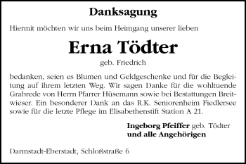 Traueranzeige von Erna Tödter von Echo-Zeitungen (Gesamtausgabe)