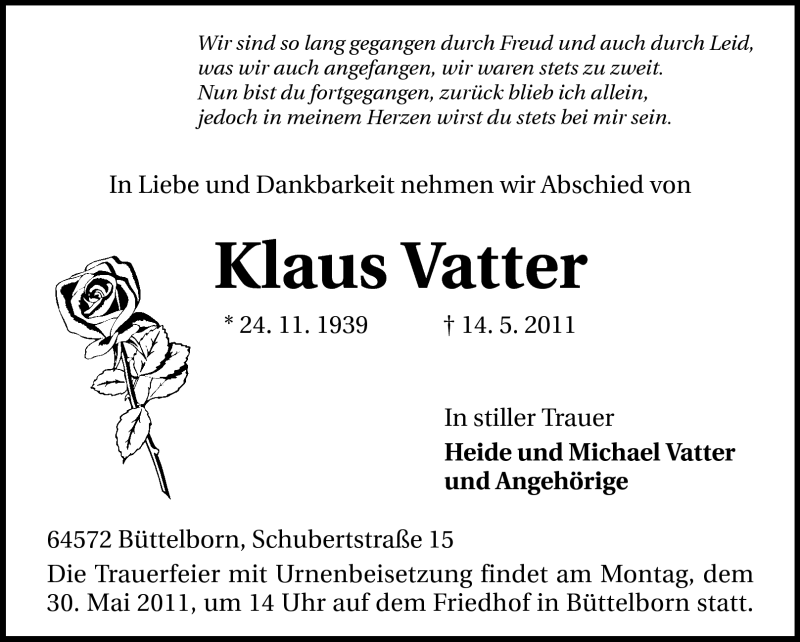  Traueranzeige für Klaus Vatter vom 26.05.2011 aus Rüsselsheimer Echo, Groß-Gerauer-Echo, Ried Echo
