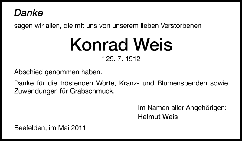  Traueranzeige für Konrad Weis vom 21.05.2011 aus Odenwälder Echo