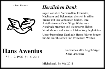 Traueranzeige von Hans Awenius von Odenwälder Echo